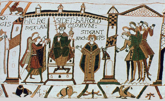 Harold as king of England, as depicted in the Bayeux Tapestry.